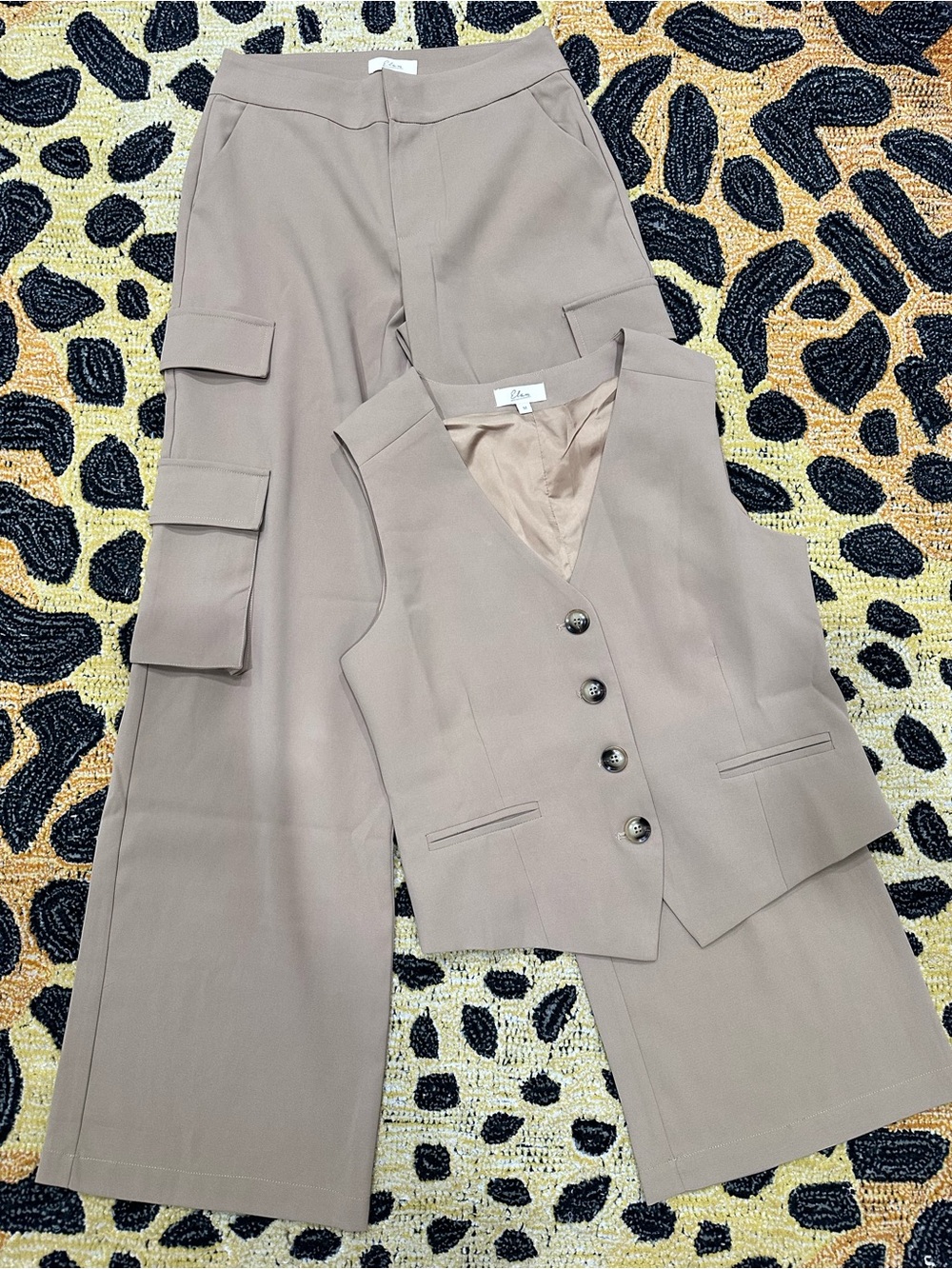 Elan Taupe Wide-Leg Cargo Pants & Button Vest Set